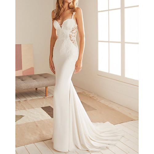 

Mermaid / Trumpet Wedding Dresses V Neck Court Train Lace Satin Sleeveless Country with Appliques 2021