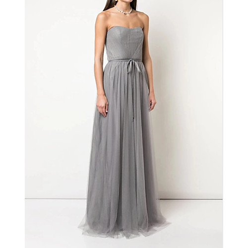 

A-Line Strapless Floor Length Tulle Bridesmaid Dress with Sash / Ribbon / Pleats