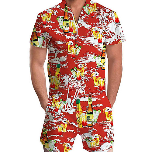 

Men's Basic Red Romper Geometric Print
