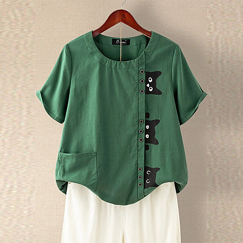 

Women's T shirt Cat Button Print Round Neck Tops Cotton Basic Basic Top Blue Green