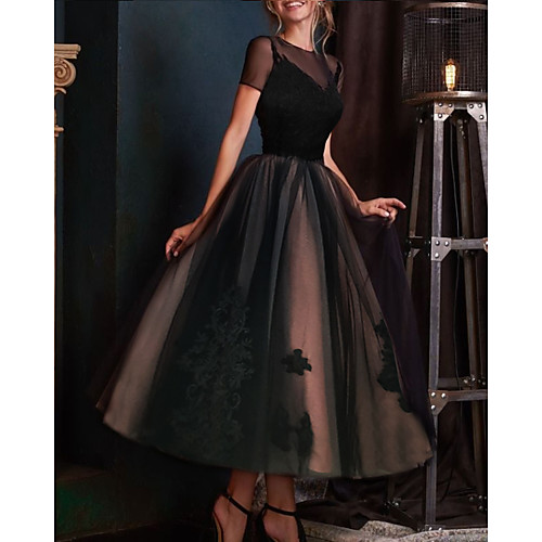 

Ball Gown Elegant Vintage Engagement Formal Evening Dress Illusion Neck Short Sleeve Ankle Length Lace Tulle with Pleats Embroidery 2021