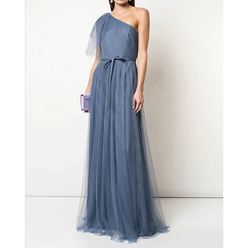 

A-Line One Shoulder Floor Length Tulle Bridesmaid Dress with Sash / Ribbon / Pleats
