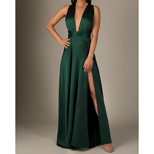 

A-Line Minimalist Sexy Wedding Guest Formal Evening Dress V Neck Sleeveless Sweep / Brush Train Charmeuse with Sleek 2021