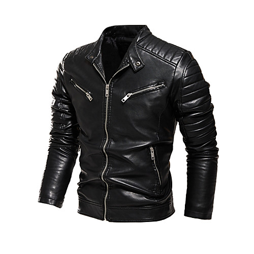 

Men's Solid Colored Basic Spring & Fall Faux Leather Jacket Regular Daily Long Sleeve Faux Leather Coat Tops Black