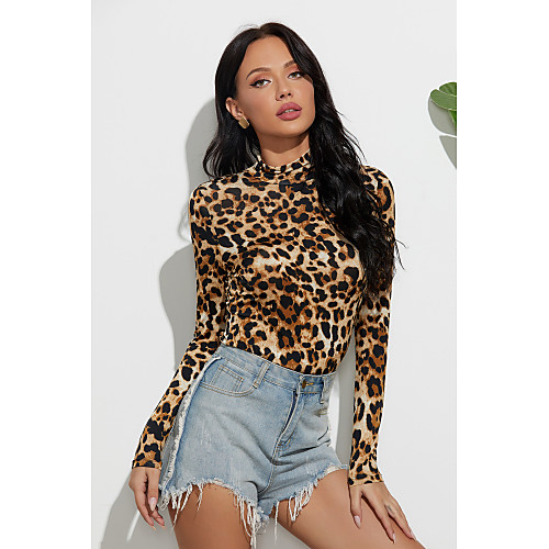 

Women's Blouse Shirt Leopard Cheetah Print Long Sleeve Print High Neck Tops Sexy Basic Top Brown