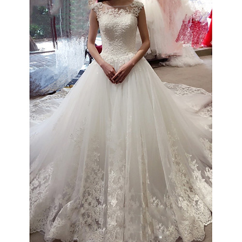 

A-Line Wedding Dresses Jewel Neck Watteau Train Lace Tulle Sleeveless Formal with Appliques 2021