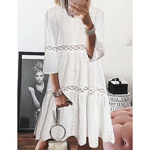 

Women's A Line Dress Short Mini Dress White Purple Yellow Light Blue 3/4 Length Sleeve Eyelet Lace Spring Summer Round Neck Hot Casual S M L XL XXL 3XL 4XL 5XL / Plus Size
