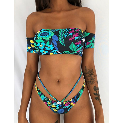 

Women's Bikini Swimsuit Floral Print Bandeau Normal Strapless Swimwear Bathing Suits Black Yellow Green / Padded Bras
