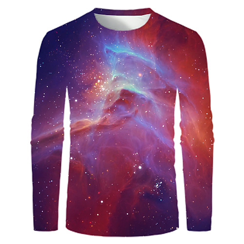

Men's T shirt Galaxy Graphic Print Long Sleeve Daily Tops Basic Blue Purple Red