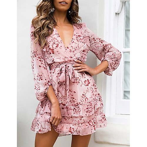 

Women's Wrap Dress Short Mini Dress Blushing Pink 3/4 Length Sleeve Print Lace Print Fall V Neck Hot Elegant Lantern Sleeve 2021 S M L XL XXL