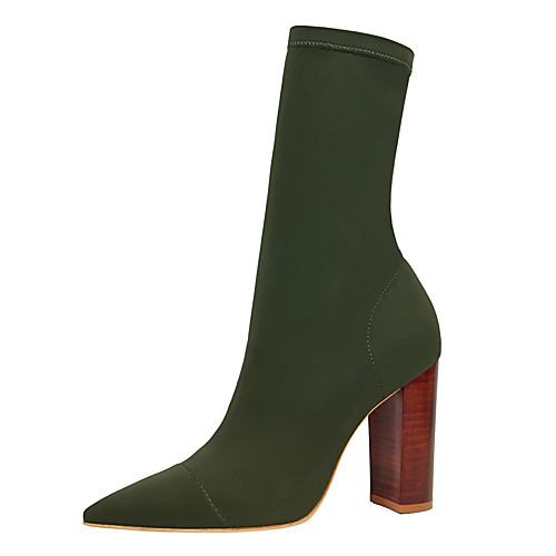 

Women's Boots Sock Boots Block Heel Boots Pumps Pointed Toe Mid Calf Boots Sexy Party & Evening Elastic Fabric Solid Colored Almond Black Green / Mid-Calf Boots