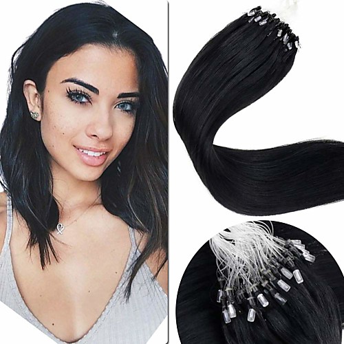 

Micro Ring Hair Extensions Hair Extensions Remy Human Hair Micro Loop Hair Extensions 50 pcs 50 g Pack Straight Black 16-24 inch Hair Extensions