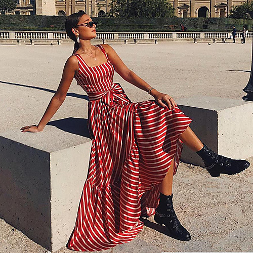 

Women's Swing Dress Maxi long Dress - Sleeveless Striped Ruffle Ruched Patchwork Summer Casual Daily Holiday Cotton Slim 2020 Red S M L XL XXL / Print
