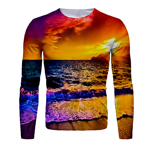 

Men's T shirt Graphic Scenery Print Long Sleeve Daily Tops Basic Elegant Rainbow