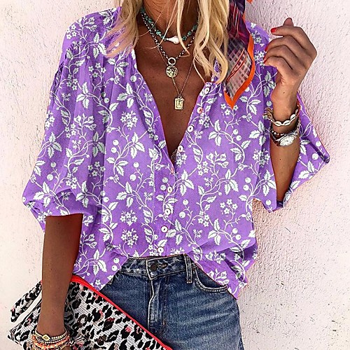 

Women's Blouse Shirt Floral Flower Button Print Standing Collar Tops Basic Basic Top Blue Purple Blushing Pink