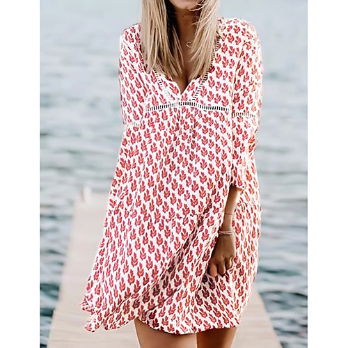 

Women's A Line Dress Knee Length Dress Red 3/4 Length Sleeve Floral Summer V Neck Hot Boho 2021 S M L XL XXL 3XL