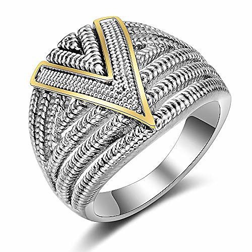 

silver 2 tone wide statement rings vintage cable wire crossover chunky band rings for women men (silver and gold, 10)