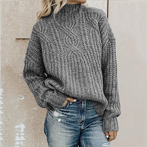 

Women's Basic Knitted Solid Color Plain Pullover Acrylic Fibers Long Sleeve Sweater Cardigans Turtleneck Fall Winter Black Blue Blushing Pink