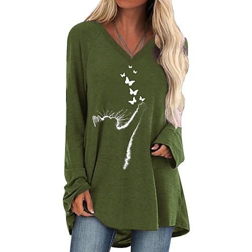 

Women's T shirt Graphic Prints Long Sleeve Print V Neck Tops Basic Basic Top Black Army Green