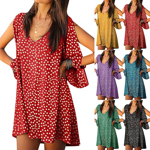 

Women's Swing Dress Short Mini Dress Black Blue Purple Red Yellow Green Long Sleeve Print Print Summer V Neck Casual Boho 2021 S M L XL XXL 3XL 4XL 5XL