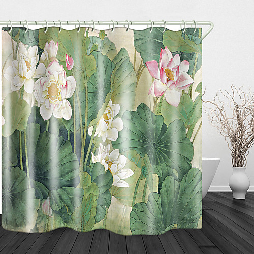

Blooming Beautiful Lotus Digital Print Waterproof Fabric Shower Curtain for Bathroom Home Decor Covered Bathtub Curtains Liner Includes with Hooks
