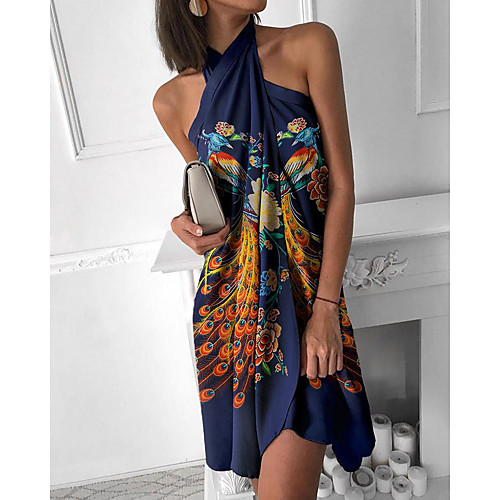 

Women's Swing Dress Knee Length Dress Blue Sleeveless Print Patchwork Print Summer Boat Neck Casual 2021 S M L XL