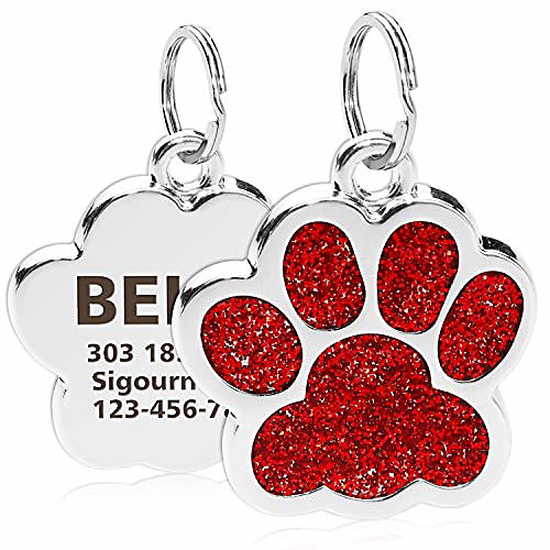 

personalized dog & cat id tags, bling bling paw print stainless steel pet tags, up to 4 lines custom text engaved,1.5x1.5 for medium & large dogs,red