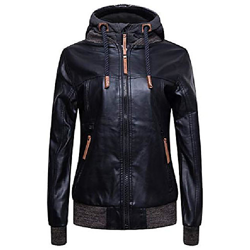 

faux leather moto jackets slim fit women windbreaker and waterproof hooded bike jacket coats black