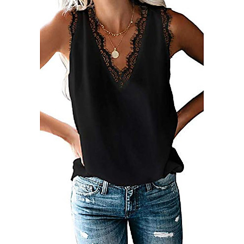 

women& #39;s fashion tanklace v neck shirts sleeveless tops solid black s