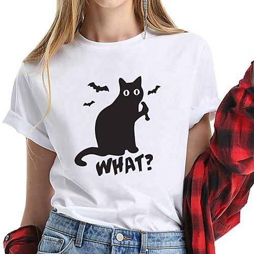 

Women's Tee / T-shirt Cartoon Crew Neck Cat Letter Printed Sport Athleisure T Shirt Short Sleeves Breathable Soft Comfortable Plus Size Everyday Use Exercising General Use