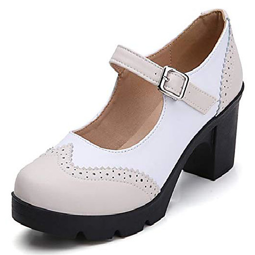 

women's leather classic platform mid heel mary jane square toe oxfords dress shoes beige/white us size 9.5