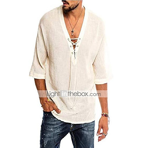 

Men's Shirt Solid Color 3/4-Length Sleeve Holiday Tops Cotton White