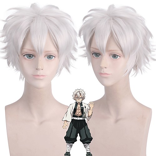 

Cosplay Costume Wig Synthetic Wig Shinazugawa Sanemi Demon Slayer Silky Wavy With Bangs Wig Short Sliver White Synthetic Hair 10 inch Men's Anime Cute Cosplay Silver