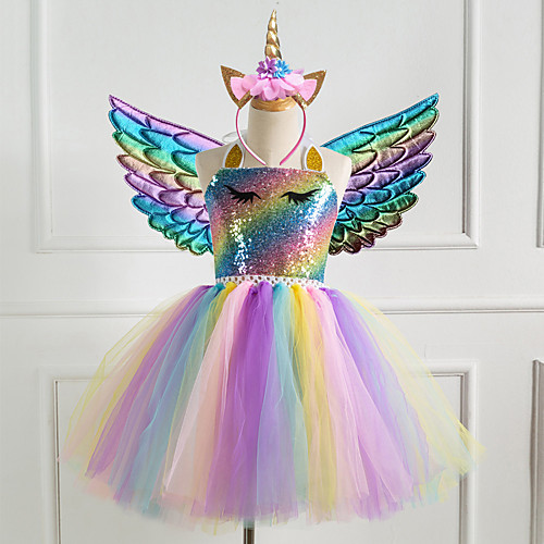 

Unicorn Dress Girls' Movie Cosplay Vacation Dress New Year's Golden Silver Dark Blue Dress Wings Headwear Christmas Halloween Carnival Polyester / Cotton Polyester