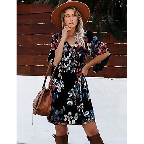 

Women's A Line Dress Short Mini Dress Black 3/4 Length Sleeve Floral Print Summer V Neck Casual 2021 S M L XL