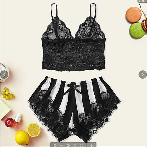 

Women's Mesh Lace Bow Suits Nightwear Striped Patchwork Embroidered Black S M L / Strap