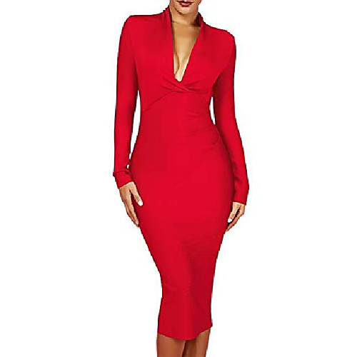 

women's deep plunge v neck long sleeves draped knee length bodycon bandage dress (l, red)