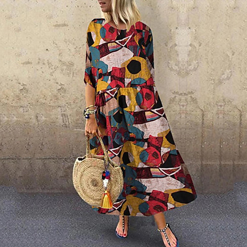 

Women's Shift Dress Maxi long Dress Red Yellow Half Sleeve Solid Color Geometric Print Summer Round Neck Hot Casual 2021 M L XL XXL 3XL