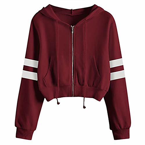 

women's striped zip up long sleeve crop top hoodies casual drawstring sweaters jacket cropped sweatshirt shirts wine
