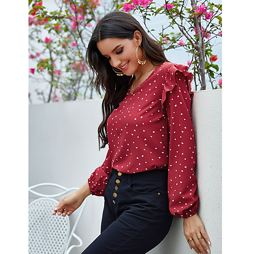 

Women's Blouse Shirt Polka Dot Long Sleeve Ruffle V Neck Tops Basic Basic Top Red