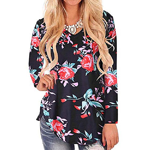 

women's v neck short sleeve loose long plain blouse tee shirt tops 741-black floral 12