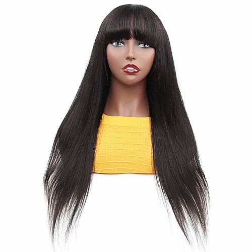 

Remy Human Hair Wig Long Natural Straight With Bangs Natural Black Fashionable Design Comfortable For Black Women Capless Women's Natural Black 24 inch