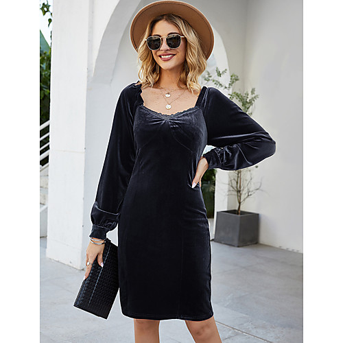 

Women's A Line Dress Knee Length Dress Red Royal Blue Long Sleeve Solid Color Patchwork Spring Summer Square Neck Hot Casual Lantern Sleeve 2021 S M L XL