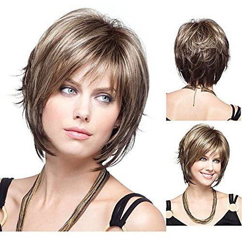 

Synthetic Wig Straight Straight Bob Pixie Cut With Bangs Wig Short Brown With Blonde Synthetic Hair 8 inch Women's Brown