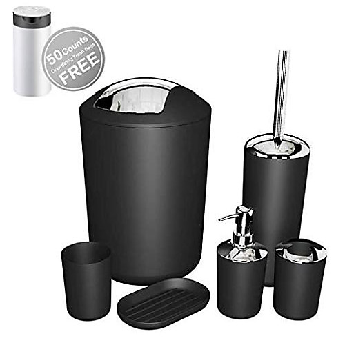 

bathroom set 6 pieces plastic bathroom accessories set ensemble set toothbrush holder,toothbrush cup,soap dish,lotion dispenser,toilet brush with holder,trash can with drawstring garbage bags (black)