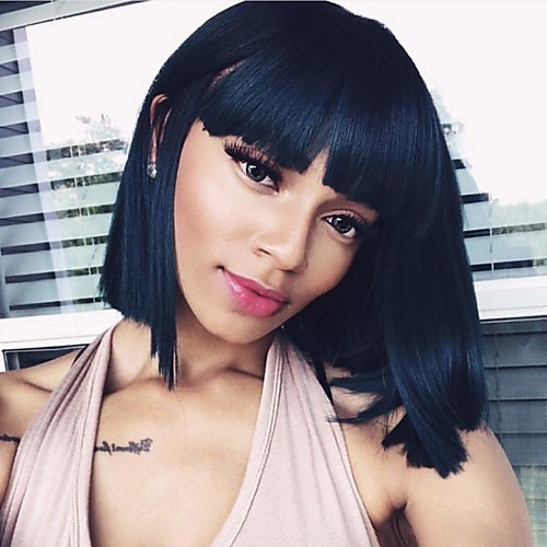 

Remy Human Hair Wig Medium Length Natural Straight Bob With Bangs Natural Black Party Adorable Hot Sale Capless Women's Natural Black 12 inch