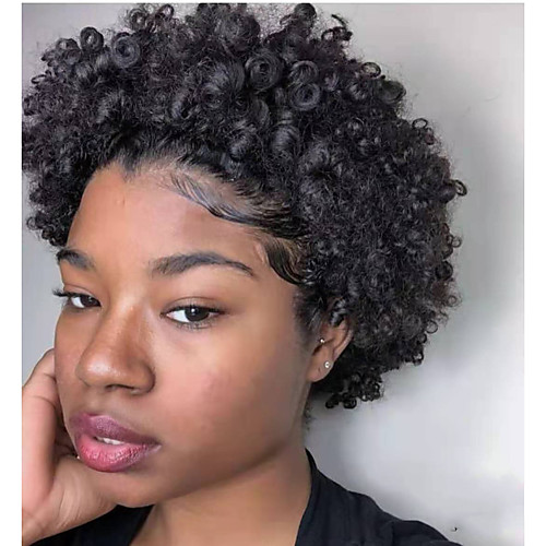 

Human Hair Lace Front Wig Bob Pixie Cut Free Part style Burmese Hair Jerry Curl Black Wig 130% Density Classic Women Fashion Women's Short Human Hair Lace Wig Clytie