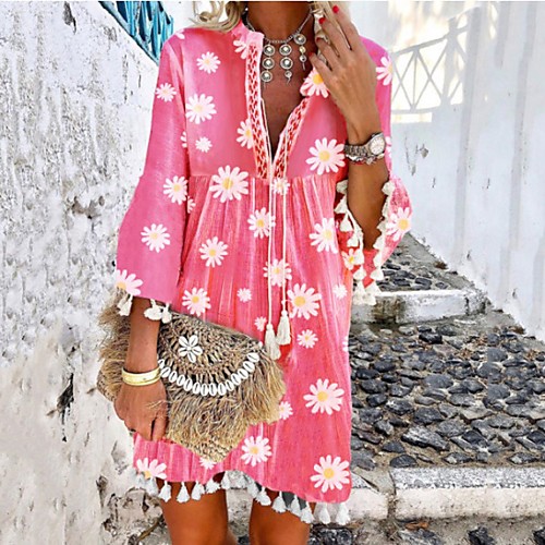 

Women's A Line Dress Knee Length Dress Blushing Pink 3/4 Length Sleeve Print Print Summer V Neck Hot Casual Boho 2021 S M L XL XXL 3XL 4XL