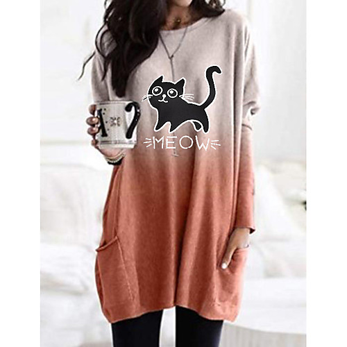 

Women's Shift Dress Knee Length Dress Long Sleeve Print Cat Animal Print Fall Hot Casual 2021 Purple Blushing Pink Gray Light Blue S M L XL XXL 3XL 4XL 5XL