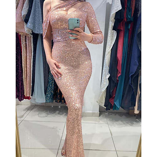 

Sheath / Column Sparkle Sexy Engagement Formal Evening Dress One Shoulder Long Sleeve Floor Length Sequined with Sequin 2021